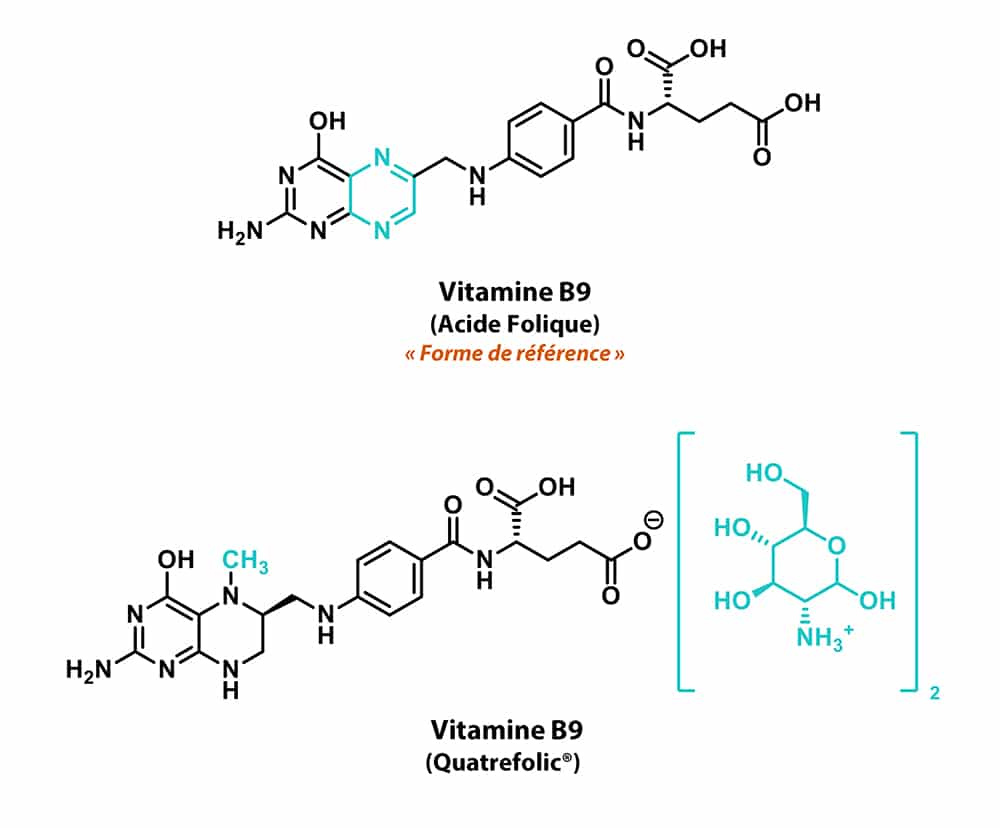 Structures de l’acide folique et du Quatrefolic